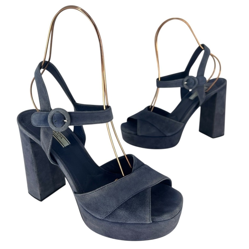 Prada Suede Crisscross Platform Sandals in Blue Size 40.5 - Picture 4 of 16